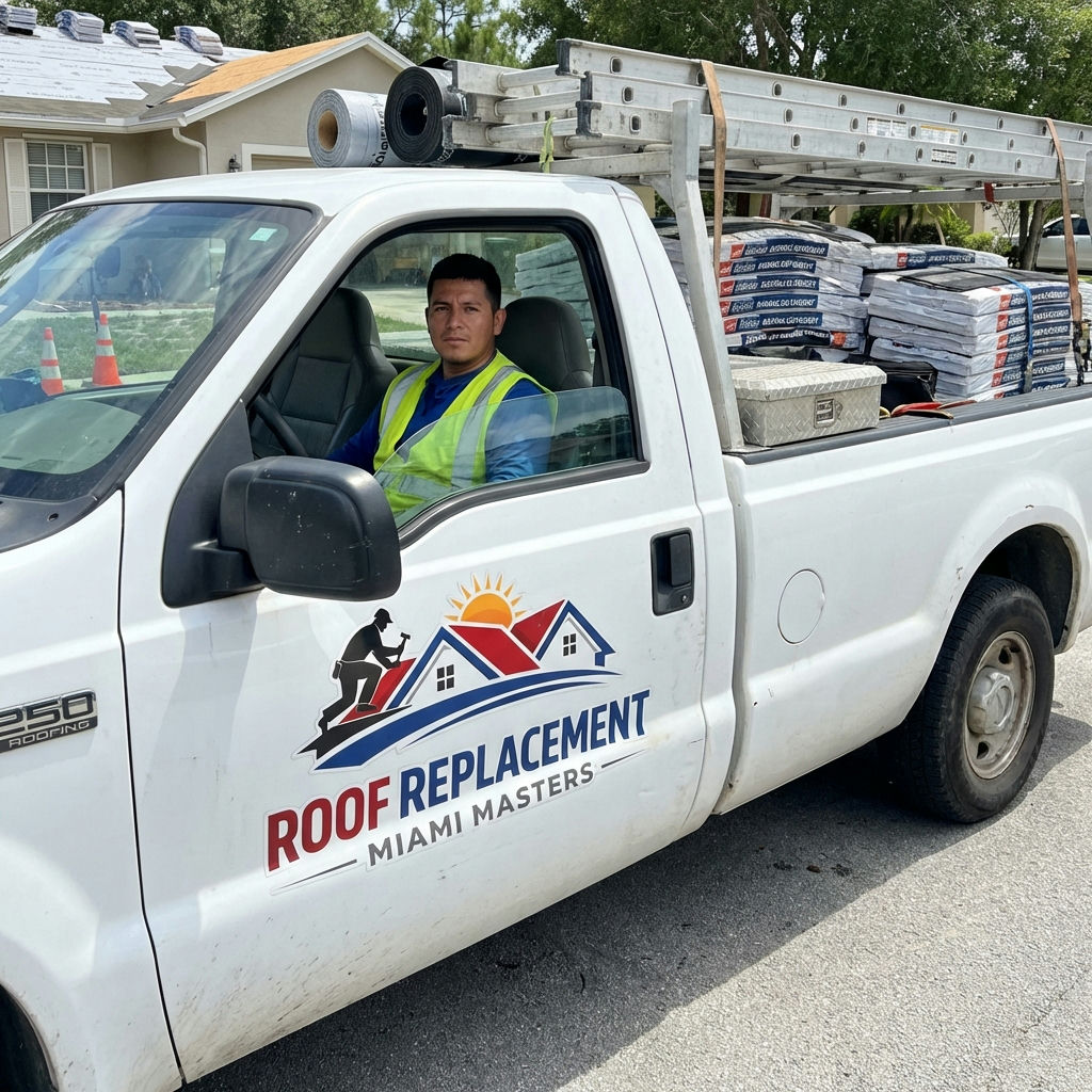 Roof Replacement Miami Masters service truck and team consulting with customer